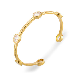 Gold Hammered Finish Cuff Bangle with Bezel Cubic Zirconia