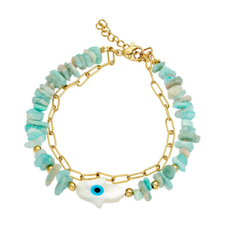 Paperclip And Amazon Stone Bracelet With shell Hamsa hand