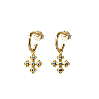 Sterling Silver Gold Plated Half Hoop Earrings with Sapphire CZ Cross