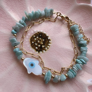 Paperclip And Amazon Stone Bracelet With shell Hamsa hand