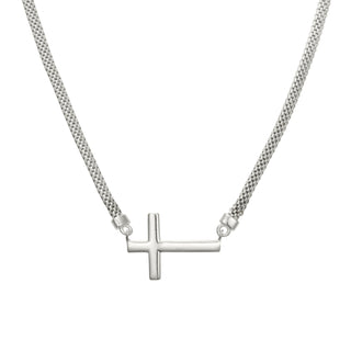 Sterling Silver Mesh Chain Necklace with Side Cross