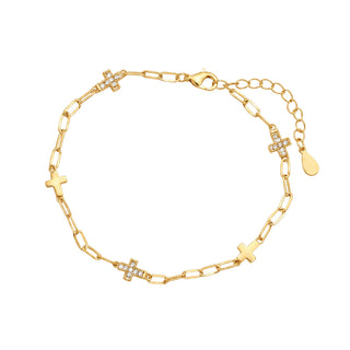 Gold Plated Paperclip Chain Bracelet With Crosses