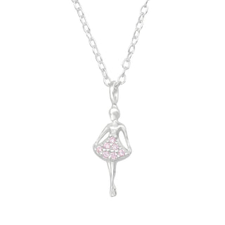 Children's Sterling Silver Ballerina Pendant Necklace with Pink Cubic Zirconia