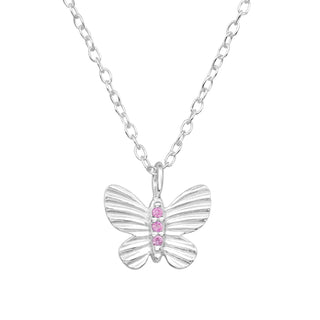 Children's Sterling Silver Butterfly Pendant Necklace with Pink Cubic Zirconia
