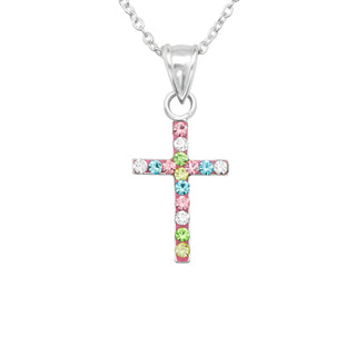 Children's Sterling Silver Multi Coloured Crystal Cross Pendant Necklace