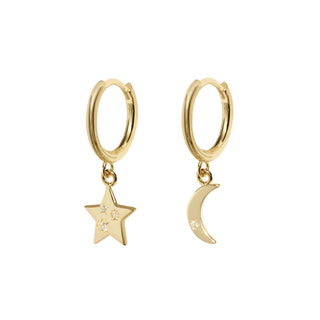 Gold Moon and Star Asymmetric Drop Earrings