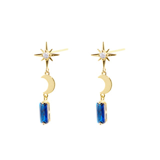 Gold Plated Star and Moon With Blue Cubic Zirconia Stud Earrings