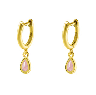 Gold Huggy Earring with Pink Tear Drop