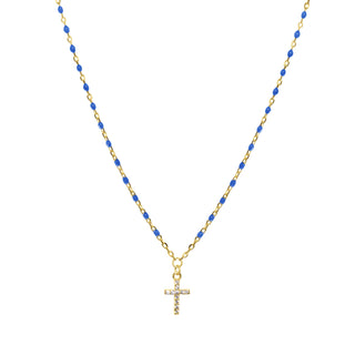 Gold Plated Sterling Silver Lapis Beaded Cross Rosary Necklace