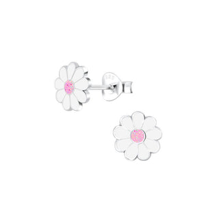 Children's Sterling Silver White and Glitter Pink Stud Earrings