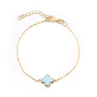 Gold Plated Single Clover Bracelet with Light Blue Flower